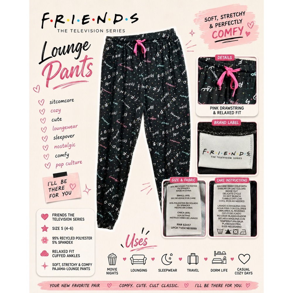 Friends Jogger Pants Black Multicolor Womens S TV Show Lounge Pajama Nostalgia